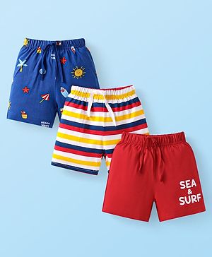 Babyhug Cotton Knit Mid Thigh Length Shorts with Beach Theme Print & Stripes Pack of 3 - Red Yellow & Navy Blue