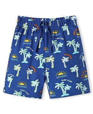 Babyhug Cotton Knit Mid Thigh Length Shorts with Beach Theme Print - Blue