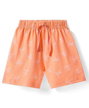 Babyhug Cotton Knit Mid Thigh Length Shorts with Paper Bird Print - Orange