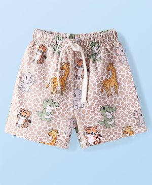 Babyhug Terry Knit Mid Thigh Shorts With Animal Print - Brown