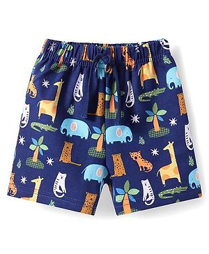 Babyhug Terry Knit Mid Thigh Shorts With Animal Print - Navy Blue