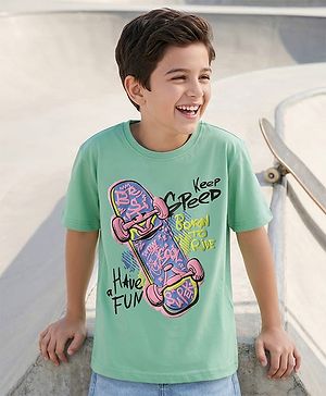 Pine Kids Cotton Knit Half Sleeves T-Shirt With Skate Theme Print - Mint