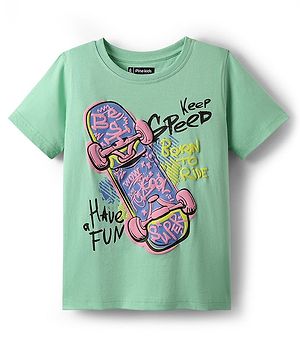 Pine Kids Cotton Knit Half Sleeves T-Shirt With Skate Theme Print - Mint