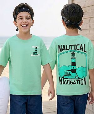 Pine Kids Cotton Knit Half Drop Shoulder Sleeves T-Shirt with Nautical Text Print - Light Green