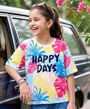 Pine Kids Cotton Knit Half Drop Shoulder Sleeves T-Shirt with Happy Days Text Print - White