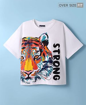 Pine Kids Cotton Knit Half Drop Shoulder Sleeves T-Shirt with Animal & Strong Text Print - White