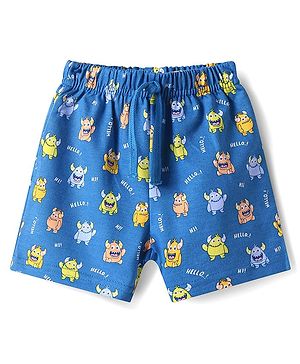 Babyhug Terry Knit Mid Thigh Shorts With Monster Print - Blue