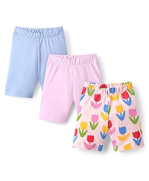 Bonfino Cotton Knit Cycling Shorts Pack with Floral Print Pack Of 3 - Blue & Lilac