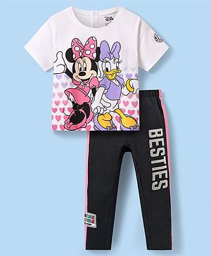 Babyhug Disney Single Jersey Knit Half Sleeves T-Shirt And Lounge Pants Set With Minnie Mouse And Family Graphics - White & Black