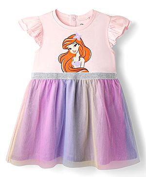 Babyhug Disney  Single Jersey Knit Frill Sleeves Frock with Disney Princess Graphics - Pink