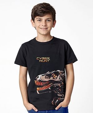 Pine Kids Cotton Knit Half Sleeves T-Shirt With Dino & Cyber Hunt Text Print - Black