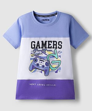 Pine Kids Cotton Knit Half Sleeves Cut & Sew T-Shirt With Gamers Text Print - White & Purple