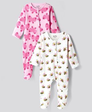 Bonfino 100% Cotton Knit Full Sleeves Footed Sleep Suits With Honeybee & Butterfly Print Pack of 2 - Ivory & Pink