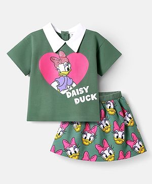 Babyhug Disney Single Jersey Knit Half Sleeves Overlapped T-Shirt & Skirt Set With Daisy Duck Graphics - Dark Green