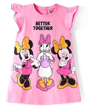 Babyhug Disney Single Jersey Knit Frill Sleeves Nighty with Minnie Mouse & Family Graphics - Pink