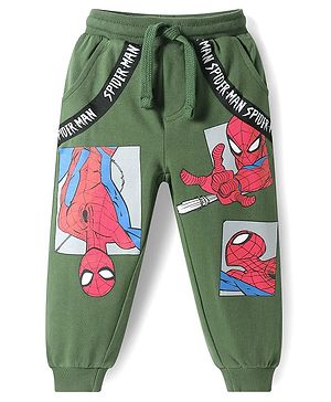 Babyhug Marvel  Terry Knit Full Length Lounge Pant with Spider Man Graphics and Tape Detailing - Green