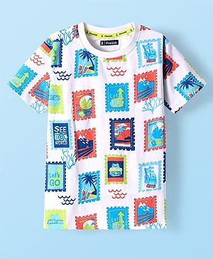 Pine Kids Cotton Knit Half Sleeves T-Shirt with Beach Theme Print - White