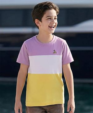 Pine Kids Cotton Knit Half Sleeves T-Shirt With Cut & Sew & Boat Embroidery - White Yellow  & Plum