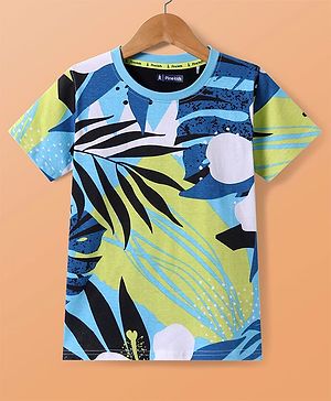 Pine Kids Cotton Knit Half Sleeves T-Shirt with Tropical Print - White & Blue