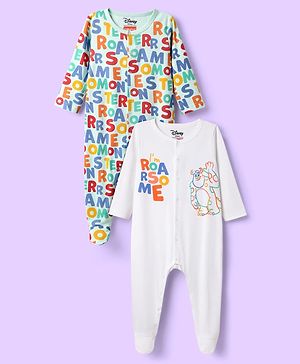 Babyhug Disney Interlock Knit Full Sleeves Footed Sleepsuit With Monster Inc. Graphics Pack Of 2 - White & Light Green