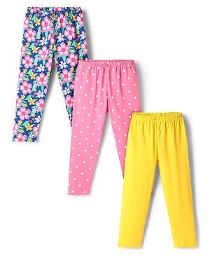 Babyhug Cotton Knit Full Length Leggings With Polka Dots & Floral Print Pack Of 3 - Yellow Pink & Blue