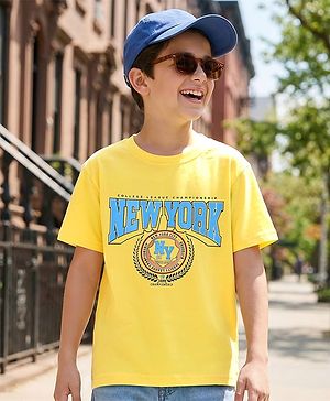 Pine Kids Cotton Knit Half Sleeves T-Shirt With Newyork  Text Print - Yellow