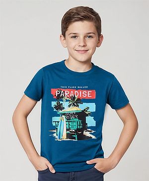 Pine Kids Cotton Knit Half Sleeves T-Shirt with Beach Theme Print - Teal Blue