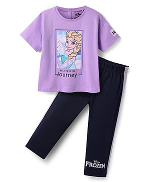 Babyhug Disney Single Jersey Knit Half Sleeves T-Shirt And Lounge Pants Set With Disney Princess Graphics - Lavender