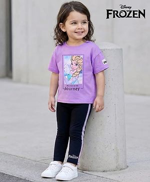 Babyhug Disney Single Jersey Knit Half Sleeves T-Shirt And Lounge Pants Set With Disney Princess Graphics - Lavender