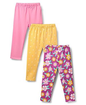 Babyhug Cotton Knit Full Length Leggings With Floral & Polka Dot Print Pack Of 3 - Yellow Pink & Plum