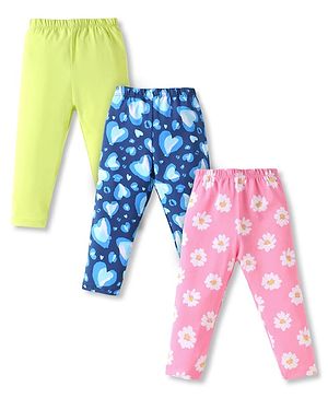 Babyhug Cotton Lycra Full Length Skinny Fit Leggings with Stretch Floral & Heart Print Pack of 3 - Pink Navy & Green