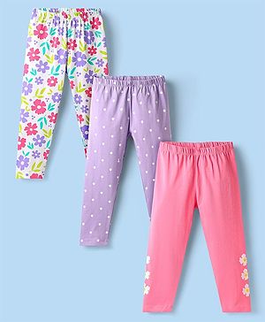 Babyhug Cotton Knit Full Length Leggings With Floral & Polka Dots Print Pack Of 3 - Purple Pink & White