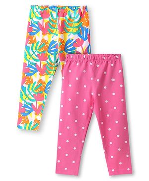 Babyhug Cotton Lycra Knit Full Length Leggings wit Polka Dots & Leaves Print Pack of 2 - Pink & White