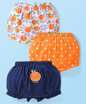 Babyhug 100% Cotton Knit Tangerine & Polka Dots Printed Bloomers Pack of 3 - Orange & Navy Blue