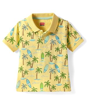 Babyhug Cotton Knit Half Sleeves Polo T-Shirt With Beach Theme Print - Yellow
