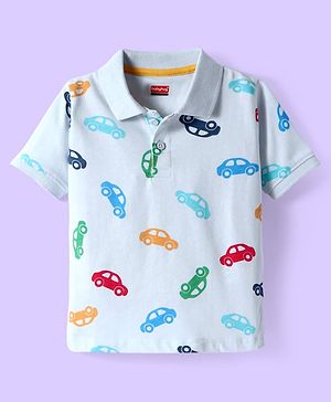 Babyhug Cotton Knit Half Sleeves Polo T-Shirt with Car Print - White