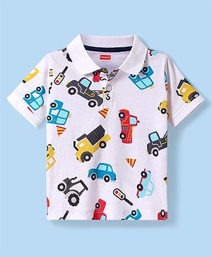 Babyhug Cotton Knit Half Sleeves Polo T-Shirt with Vehicle Print - White