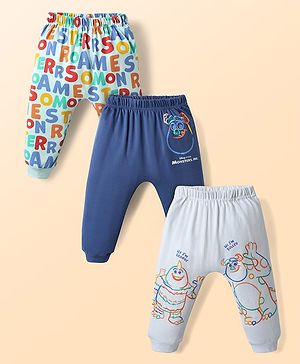 Babyhug Interlock Knit Ankle Length Diaper Leggings With Monster INC Graphics - Navy Blue Light Green & White