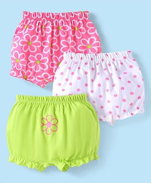 Babyhug 100% Cotton Knit Floral & Polka Dots Printed  Bloomers Pack of 3 - Green Pink & White