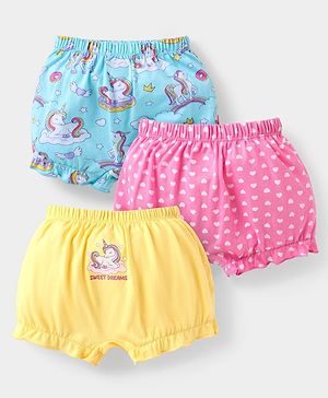 Babyhug 100% Cotton Knit Bloomers With Unicorn & Hearts Print Pack of 3 - Yellow Pink & Light Blue