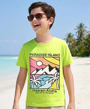 Pine Kids Cotton Knit Half Sleeves T-Shirt With Paradies Island Text Print - Limegreen