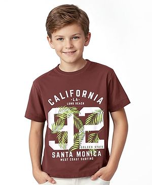Pine Kids Cotton Knit Half Sleeves Text Printed T-Shirt -Dark Brown