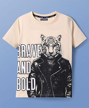 Pine Kids Cotton Knit Half Sleeves T-Shirt with Text Print - Cream