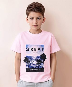 Pine Kids Cotton Knit Half Sleeves T-Shirt with Great Vacation Text - Pink
