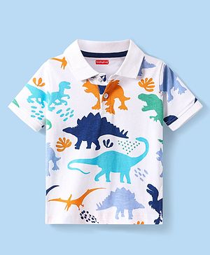 Babyhug Cotton Knit Half Sleeves Polo T-Shirt with Dino Print - White