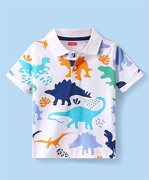 Babyhug Cotton Knit Half Sleeves Polo T-Shirt with Dino Print - White