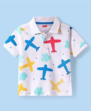 Babyhug Cotton Knit Half Sleeves Polo T-Shirt with Airplane Print - White