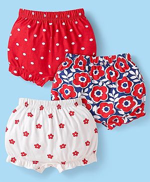 Babyhug 100% Cotton Knit Bloomers with Floral & Polka Dots Print Pack of 3 - Red & White