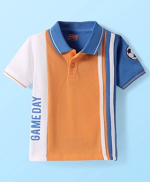 Babyhug Cotton Knit Half Sleeves Cut & Sew Polo T-shirt with Text Print & Tape Detailing - Orange