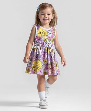 Bonfino 100% Cotton Knit Sleeveless Dress with Floral Print - Ivory